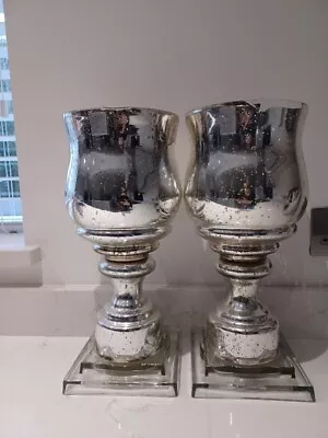 Buy Pair 2 X Large Silver Shiny Glass Table Candle Holders - For Pillar & Tealights • 40£