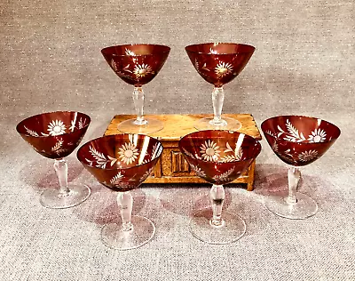 Buy Set Of 6 Vintage Crystal Cranberry Red Cut Glass Small Cocktail Glasses • 32£