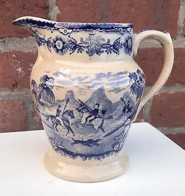 Buy Antique Blue And White Pottery Jug Tiger Hunt India Scene • 95£