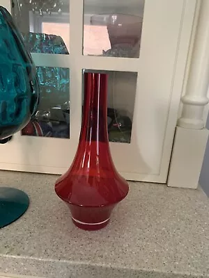 Buy Vintage Large Riihimaki Rocket # 1379 Red & Clear Glass Vase Retro • 9.99£