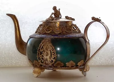 Buy Little Jade And White Metal Chinese Teapot • 20£