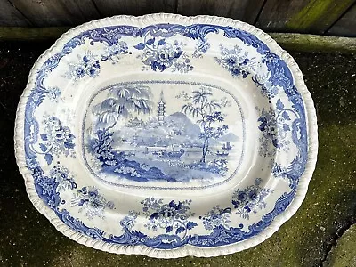 Buy Antique Pottery Meat Plate Platter Chinese Pagoda Blue White Victorian Ironstone • 44.97£