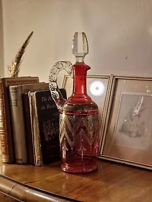 Buy Antique Victorian Moser Bohemia Cranberry Glass Enamelled Applique Decanter Jug • 62.99£