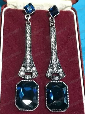 Buy Vintage Style Art Deco Egypt Geometric Large Drop Earrings Sapphire Blue Crystal • 7.95£