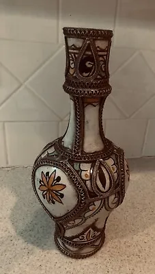 Buy Authentic Antique Moroccan  Fez Vase  Polychrome  With Silver Nickel Filigree • 561.66£