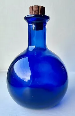 Buy Vintage Round Glass Cobalt Blue Apothecary Decanter Bottle & Wooden Stopper • 29£