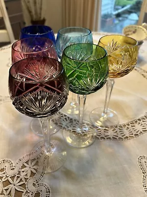 Buy Set 6 Multi Color Bohemian Cut To Clear Wine Glass 8.2  Tall Vintage • 146.19£
