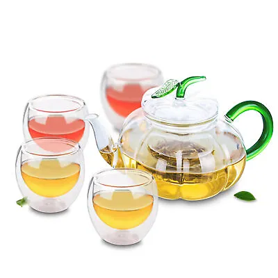 Buy 5in1 Glass Tea Set - 770ml Pumpkin Shaped Teapot + 4x 80ml Double Wall Tea Cups • 31.92£
