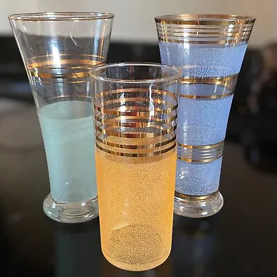 Buy Drinking Glasses High Ball Cocktail Tumblers Gold Trim Retro 1950s Sugar Frost • 15.50£