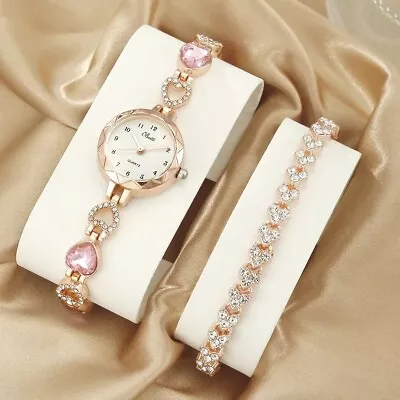 Buy Watch Gift Set For Women 2 Piece Pink Rose Gold Wristwatch And Crystal Bracelet  • 7.59£