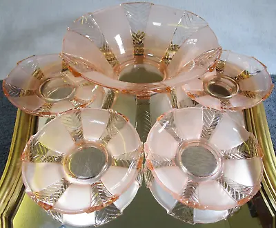 Buy Lovely Vintage Art Deco Pink Apricot Depression Glass Bowl- 4 Sherbet Dish Plate • 24.95£