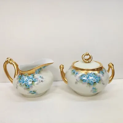 Buy Antique Limoges Hand Painted Floral Blue Gold Trim Cream And Sugar Set. • 46.99£