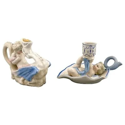 Buy Antique Georgian Softpaste Porcelain Creamware Cherub Putti Candle Chambersticks • 120£