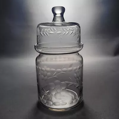 Buy Antique Etched Cut Glass Daisy Pattern Lid Jam Mustard Pot Jar Mid Century Vtg • 17.90£
