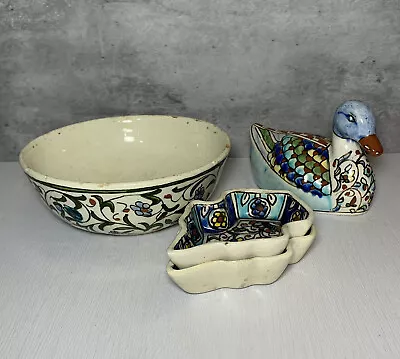 Buy Set Of 4 Vintage Turkish Iznik Pottery Islamic Hand Painted Dishes & Figurine • 20.43£