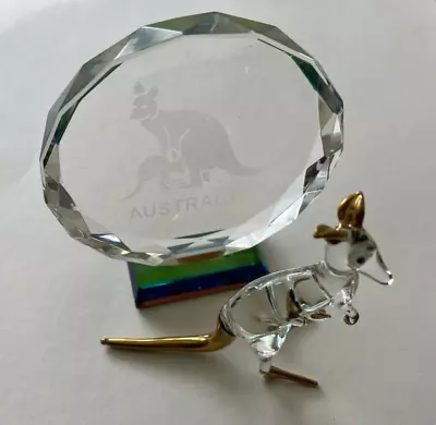 Buy TWO Crystal Glass Australian Ornaments ~ Clear Glass And Gold Kangaroo With Joey • 7£
