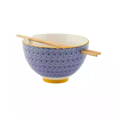 Buy 16.5cm World Foods Blue Noodle Rice Serving Bowl With Wooden Chopsticks • 12.95£