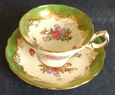 Buy Hammersley Bone China ~ FOOTED CUP And SAUCER ~ Green And Gold ~ Floral Bouquets • 42.68£