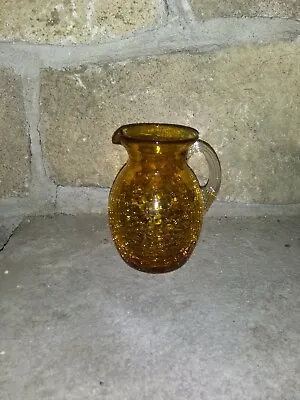 Buy Vintage Yellow Gold Crackle Glass Pitcher Hand Blown Clear Handle EUC • 12.44£