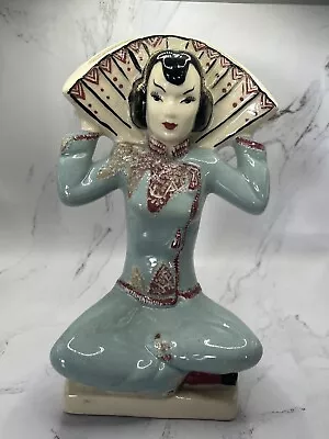 Buy Vintage 1940's WEIL WARE California Pottery Asian Woman Figurine W/Fan VASE 9” • 37.59£