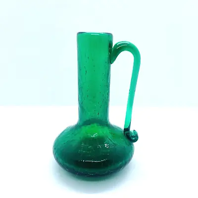 Buy Vintage Emerald Green Crackle Glass Small Vase Applied Handle 4.5  • 16.90£