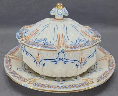 Buy Copeland Blue Orange & Gold Parian Ware Renaissance Revival Covered Butter Dish • 317.26£