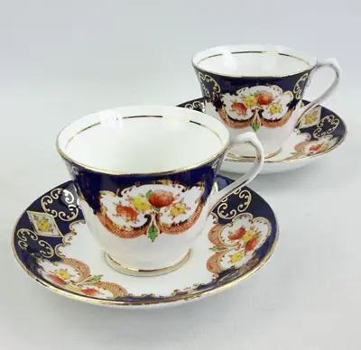 Buy Salisbury China Derby Blue - 2x Tea Cups & Saucers - Hand Coloured Imari Vintage • 12£