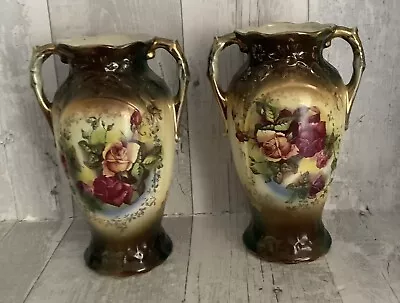 Buy Pair Of Victorian  Mantle Urn Vases Floral Roses • 24.99£