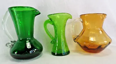 Buy Art Glass Lot Of 3  Mini Pitchers Hand Blown Green & Gold Crackle Vintage • 10.54£