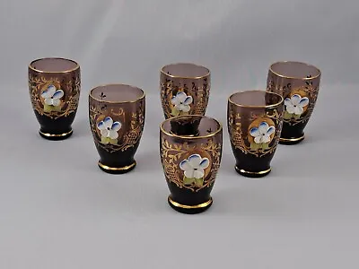 Buy Six 6 Murano / Bohemian Amethyst Glass Enamel Flowers & Gilt Shot Glasses • 10£