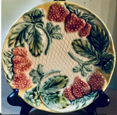 Buy Antique Majolica Glazed Pottery Strawberries Plate Lattice Pattern Leaves 8.5”W • 42.67£