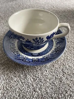 Buy Blue Willow Tea Cup And Saucer  Churchill Staffordshire England - Mint Cond • 20£