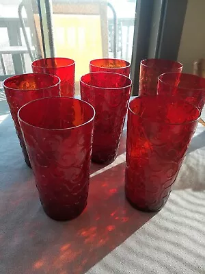Buy Lot Of 8 Ruby Red Tumblers Glasses 6  Tall With Curly Pattern • 40.54£