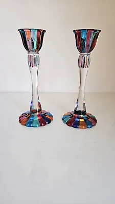 Buy Pair DUE  ZETA Colorful Flash Glass Long Stem Taper Candle Holders 9  Tall Italy • 28.44£