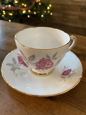 Buy Delphine Pink Rose & Gray Pattern Footed Teacup & Saucer Set Bone China England • 17.97£