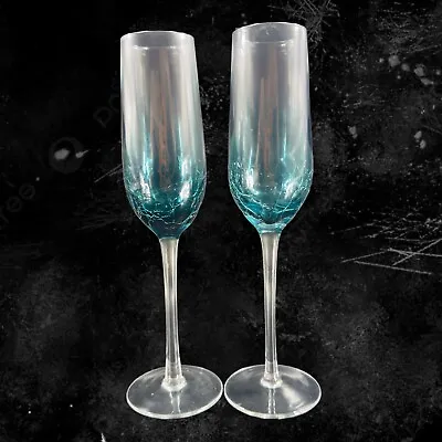 Buy Pier 1 Crackle Smokey Blue Tall Skinny Balloon Wine Drinking Glass Goblet Set 2 • 41.58£