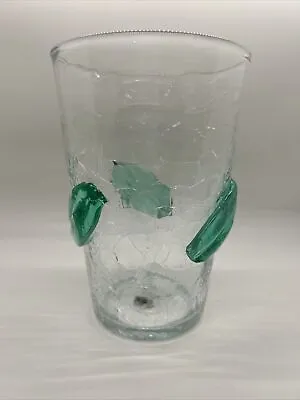 Buy Antique/Vintage Flip Blenko Crackle Glass Vase Green Applied Green Leaves - 7” • 38.06£