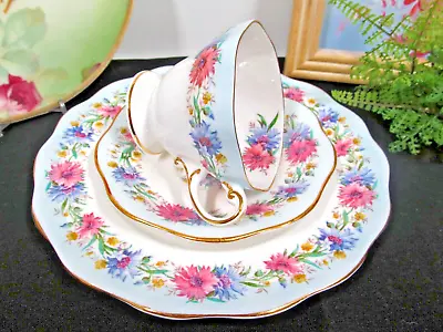 Buy Foley Tea Cup And Saucer Trio Cornflower Pattern Teacup Pink Blue Floral Set • 42.61£