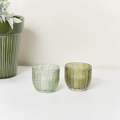 Buy Set Of 2 Small Green Glass Tealight Holders Pair Two Candle Holder • 8.52£