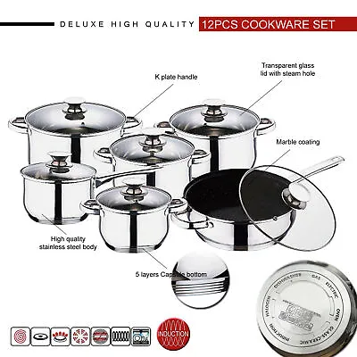 Buy 12pc Induction Stainless Steel Cookware Kitchen Glass Lids Pot Pan Set • 39.85£