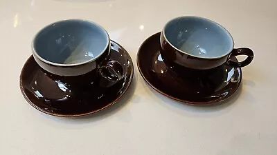 Buy VINTAGE DENBY HOMESTEAD X 2  BROWN & BLUE/GREY  CUPS AND SAUCERS-VGC • 6£
