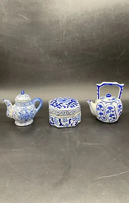 Buy Vintage Set 3: China Miniature Tea Pots Ceramic With Lids 3” & 1 Trinket Box  • 19.29£