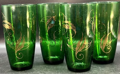 Buy 4 Anchor Hocking Tumblers Dark Green Glass With Gold Leaves Vintage • 34.92£