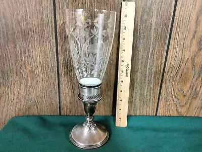 Buy Vtg. Antique Sterling Silver & Etched Glass Hurricane 11  Candle Holder  Marked • 37.75£
