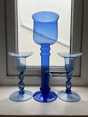 Buy Blue Glass Elegant Candleholders X 3, Tall One Aprox 11”, Two Smaller Ones 6.5” • 9.99£