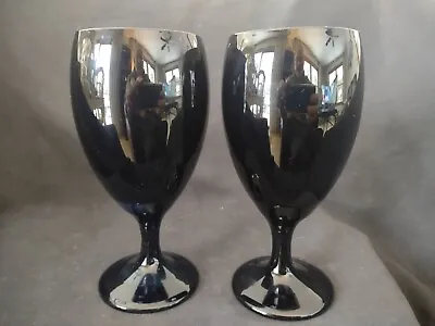 Buy Pair Of Vintage Modern Libbey Water Wine Goblets Glasses Black Amethyst 7 1/8” • 21.13£