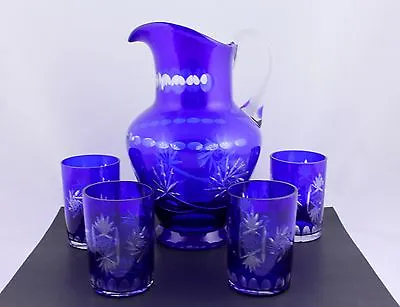 Buy Vintage Bohemian Cobalt Blue Cut To Clear Crystal Pitcher & 4 Tumblers - Rare • 236.81£