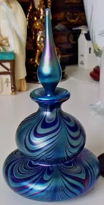 Buy OKRA Iridescent Blue Nebula Swirl Glass Perfume Bottle 15cm Signed 1989 No. 277 • 59.95£