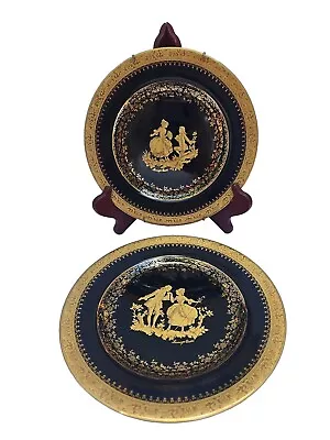 Buy Vtg Pair Limoges Castel France Courting Couple 22K Gold Cobalt Blue Plate • 46.49£