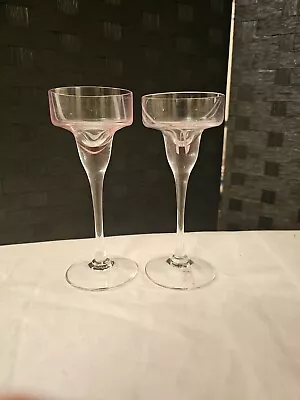 Buy Pair Of Caithness Scotland Glass Long Stem Pink Swirl Tealight Holders • 17.50£